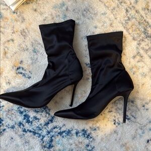 Tony Bianco DAVIS Black Stretch Satin Boots with Stiletto Heel